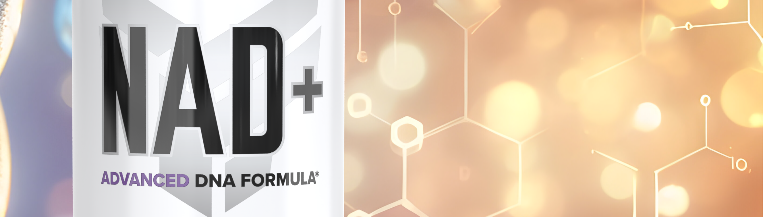 Finaflex NAD+ supplement bottle on a decorative background with molecular structures.
