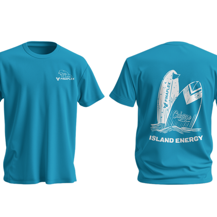 Blue t-shirt with white graphics and text on a white background