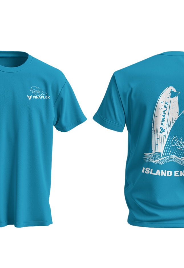 Blue t-shirt with white graphics and text on a white background