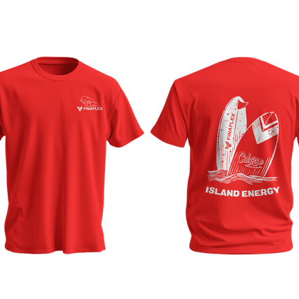 Red t-shirt with white graphics on a white background