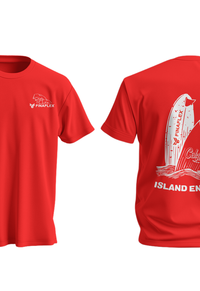 Red t-shirt with white graphics on a white background