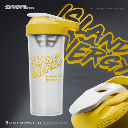 Yellow and clear shaker bottle with 'Island Energy' branding on a dark background