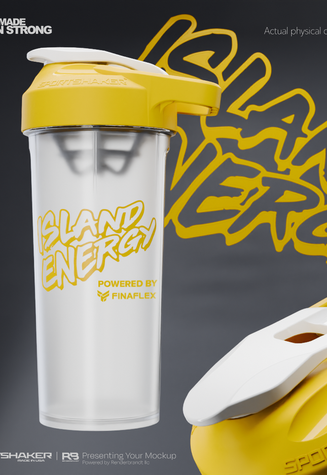 Yellow and clear shaker bottle with 'Island Energy' branding on a dark background